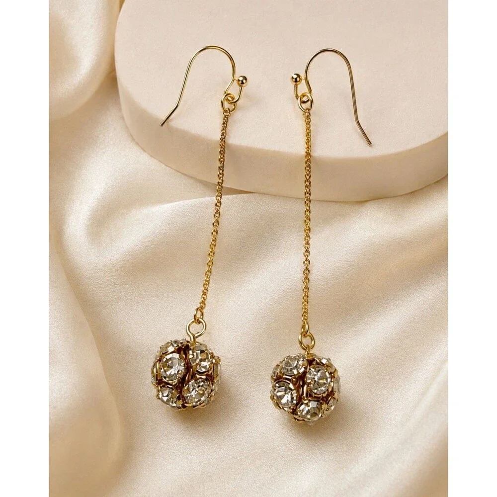 Vintage Rhinestone Ball Dangle Earrings Gold Tone Long Chain Shoulder Dusters